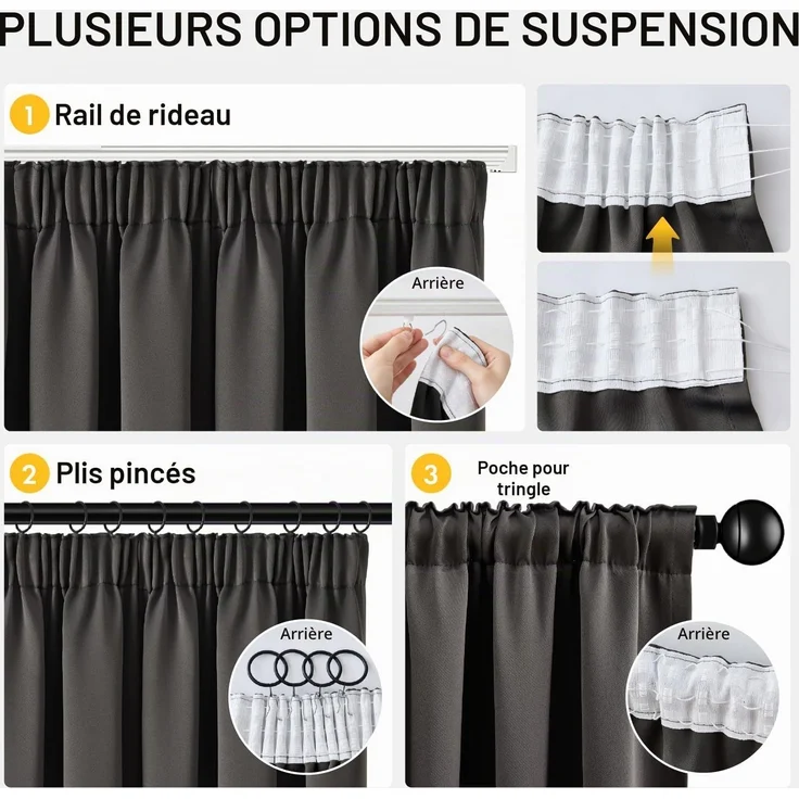 Woaboy Verdunkelungsvorhang Grau 2er Set mit Kräuselband Thermisch 101x175 cm – Bild 5