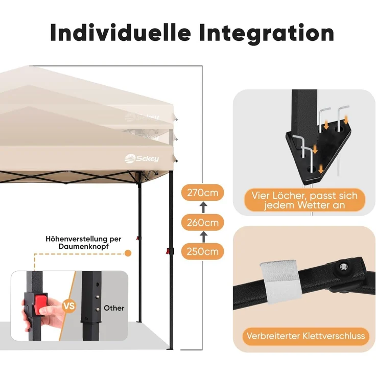Sekey One-Touch Pop Up Pavillon 3x3 Wasserdicht Stabil Winterfest, Faltpavillon 3x3 m mit Verdickten Röhren, Partyzelt Pavillion Klappbar für Camping Festival Party, Kahki – Bild 6