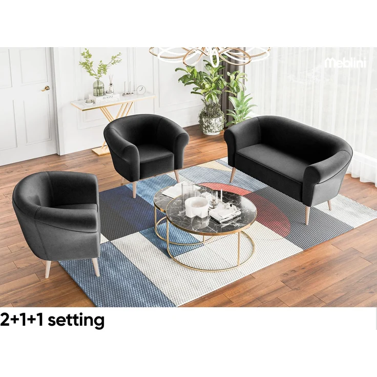 MEBLINI Mini Sofa Set 2-1 für Wohnzimmer - Mini Lounge für drei Personen - Küchensofa - Sofa Klein - Sitzgarnitur - Polstergarnitur - Sofagarnituren - EMILIA - 2+1 - Schwarz Samt – Bild 5