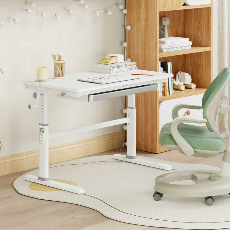 HOKO Kinderschreibtisch Ergo Jugend Schreibtisch höhenverstellbar 54-76 cm, 100x60 cm (ergonomischer Computertisch mit neigbarer Tischplatte (0-50) & Schublade, stabil & belastbar bis 100 kg, Weiß, Holzfarben) – Bild 2
