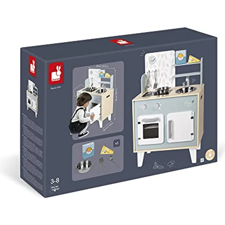 Janod - Küche ‘Plume’ - Kinderküche aus Holz mit Backofen, Edelstahlspüle, Schrank, Induktionskochplatten und Uhr - Spielküche mit 5 Zubehörteilen - Ab 3 Jahren, J06608 – Bild 12