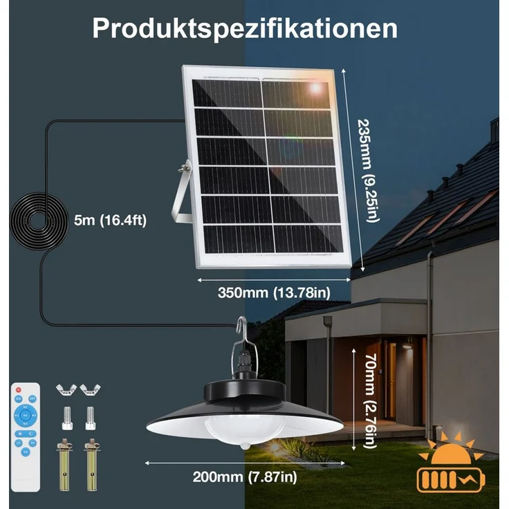 Lapamax LED Solarleuchte für Außen Hängend mit Fernbedienung, Wasserdichte IP65, Bewegungsmelder mit Fernbedienung, weiß, Dimmbare&Zeitgesteuerte, 5m Kabel für Garten Balkon Pavillon – Bild 2