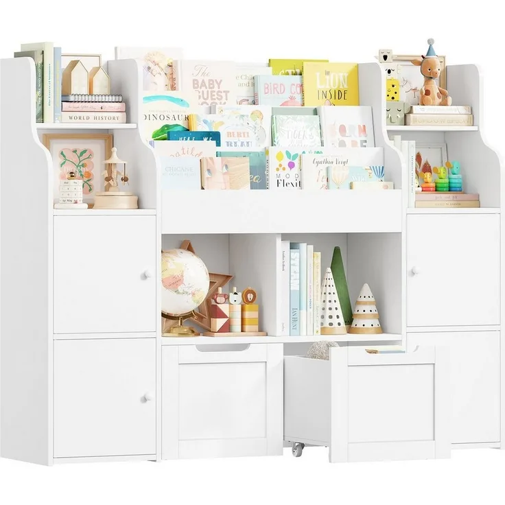 Homfa Kinderregal Spielzeugtruhe mit 2 Schubladen auf Rollen Bücherregal, Kinderbücherregal Spiegelregal mit Tür 126x104x30 cm weiß