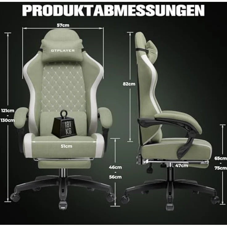 GTPLAYER Gaming Stuhl Ergonomischer, PC Stuhl Atmungsaktiver Stoff, Groß und Hoch Drehbarer Schreibtischstuhl mit Fußstütze,Verstellbare Lendenwirbelstütze und Kopfstütze,Grün – Bild 3