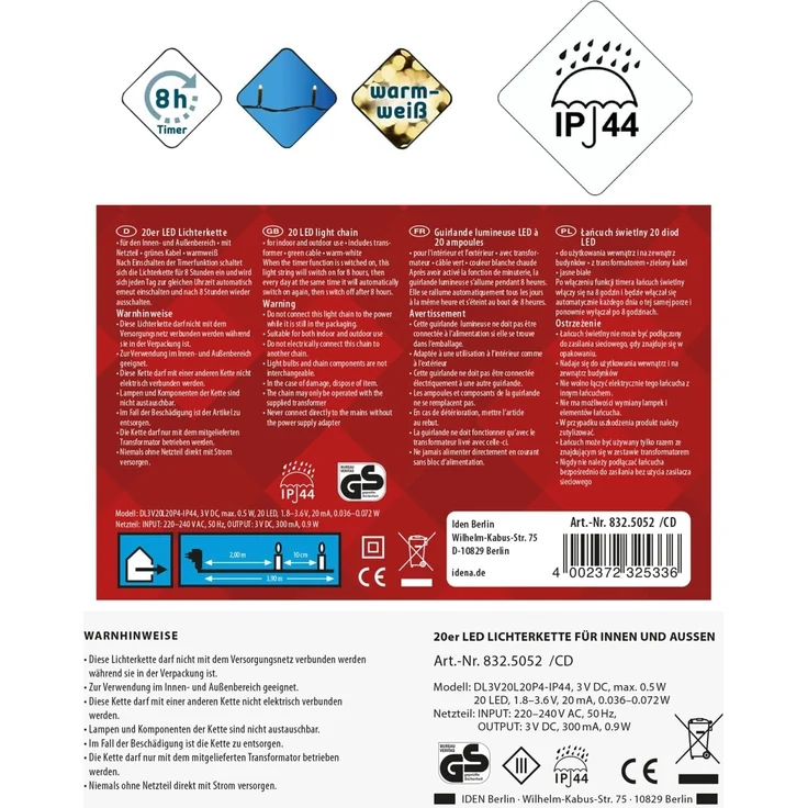 Idena 8325052 - LED Lichterkette mit 20 LEDs in Warmweiß, mit 8 Stunden Timer Funktion und Transformator, ca. 3,9 m lang, Deko für Innen & Außen, als Party Deko, Weihnachtsdeko, zur Hochzeit – Bild 2