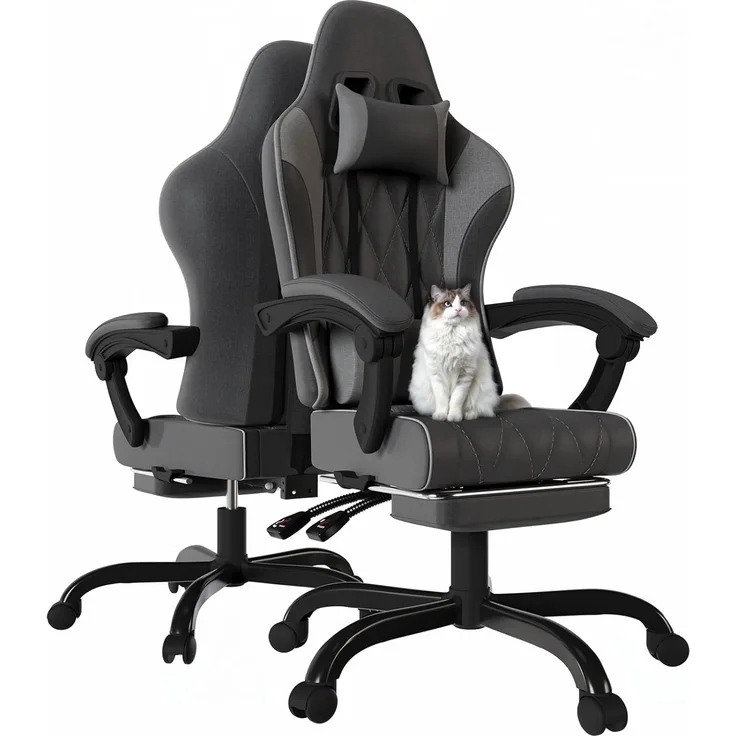 JUMMICO Gaming Stuhl Stoff mit Federpolsterung, Ergonomischer Bürostuhl mit Massager. Gaming Chair mit Kopfstütze, Fußstütze, Höhenverstellbar. Gamer Stuhl 150 kg belastbarkeit. Dunkelgrau