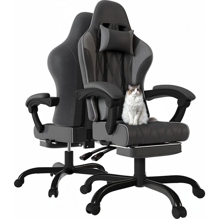 JUMMICO Gaming Stuhl Stoff mit Federpolsterung, Ergonomischer Bürostuhl mit Massager. Gaming Chair mit Kopfstütze, Fußstütze, Höhenverstellbar. Gamer Stuhl 150 kg belastbarkeit. Dunkelgrau – Bild 1
