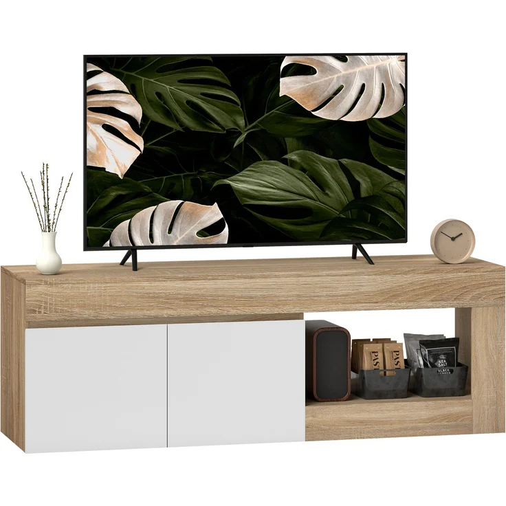 2-türiger TV-Schrank für Fernseher bis zu 60 Zoll, TV-Schrank mit Schrank und offenem Regal, Naturholz-Optik – Bild 1