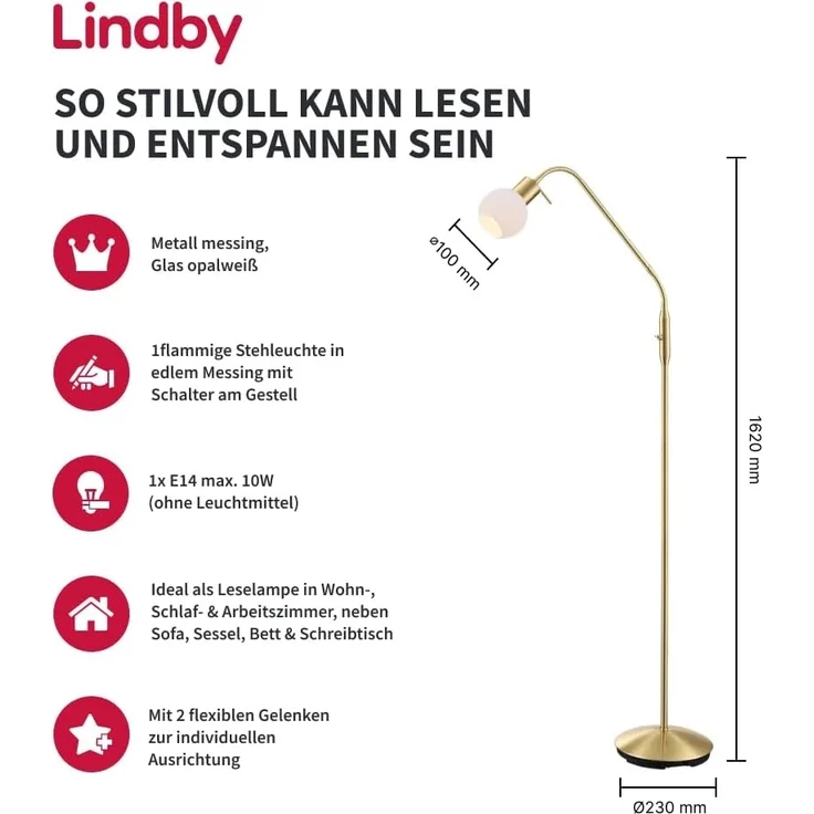 Lindby Stehlampe Elaina, Metall, Gold / Messing IP20, 1 x 10 W LED – Bild 2