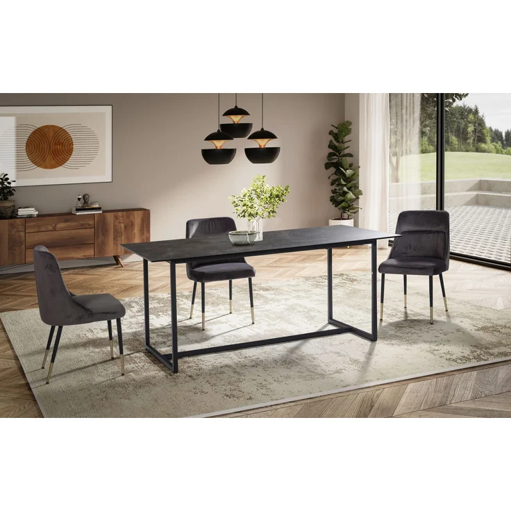 Esszimmertisch 180x90x76cm Keramik Glas Schwarz Metallbeine Rechteckig – Bild 3