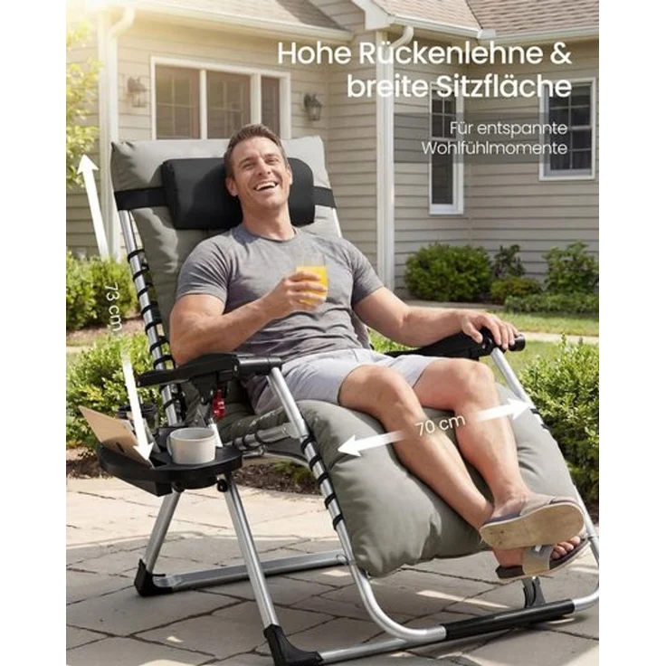 SONGMICS Klappbare Relaxliege mit Stahlrahmen, abnehmbarem Kissen, Liegestuhl für Garten und Balkon, Tasche, Tablett, hellgrau – Bild 4