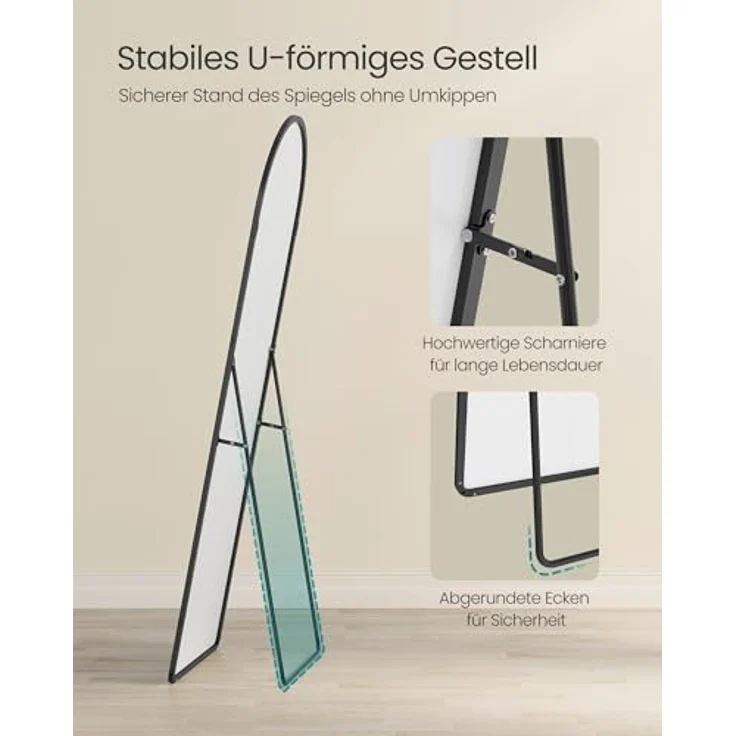 SONGMICS Ganzkörperspiegel, 160x50 cm, gewölbter Standspiegel, Rahmen aus Aluminiumlegierung, Hartglas, abgerundete Ecke, für Schlafzimmer, Wohnzimmer, Garderobe, tintenschwarz LFM051BD01 – Bild 5