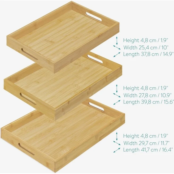 Navaris Tablett Serviertablett aus Bambus - 3x Servierplatte - rechteckig, Bambus, (3-tlg) – Bild 2
