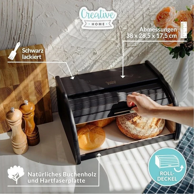 Creative Home Brotkasten Holz 38 x 28,5 x 17,5 cm Brotkiste mit Rolldeckel Brotbox – Bild 3