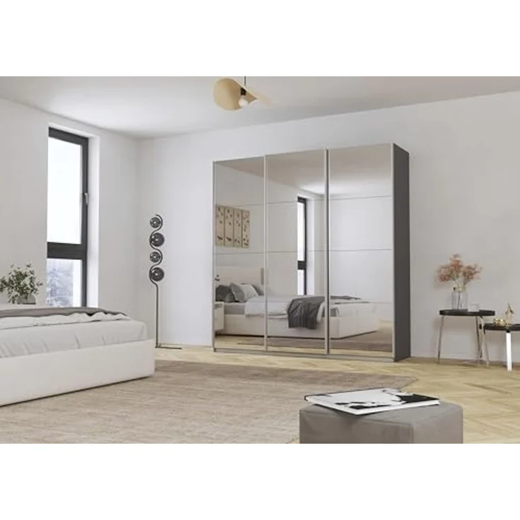Rauch Möbel Kulmbach, Kleiderschrank mit Schwebetüren für Schlafzimmer, Kinderzimmer, Jugendzimmer, Garderobe, Flur, 3-türig, mit Spiegel, Zubehör Basic, Farbe Grau metallic, Schwarz, Breite 203 cm – Bild 2