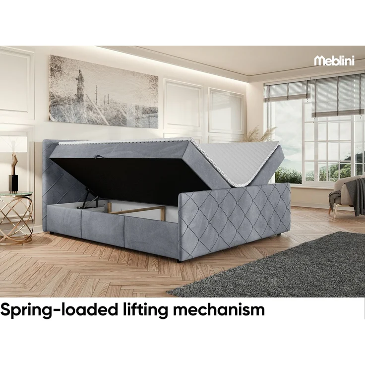 MEBLINI Boxspringbett HENRY 180x200cm - H3B/Grau Samt - mit Bettkasten - Polsterbett - Doppelbett mit Topper & Bonellfederkern-Matratze – Bild 3