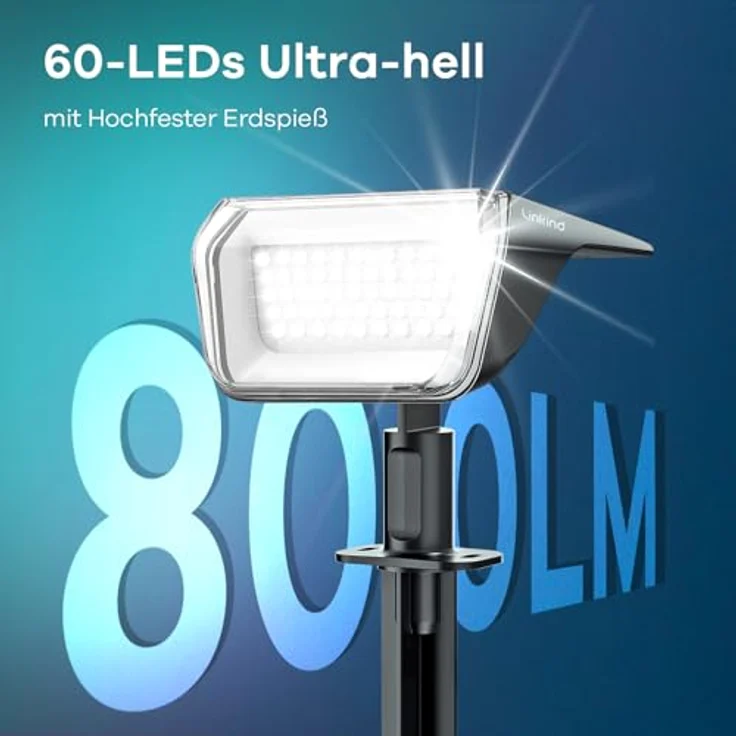 Linkind 60 Led Solarstrahler für außen Garten 800Lm, 6500K Tageslicht Gartenlampe mit Lade-Anzeige, 135°einstellbar Baumstrahler mit S-klasse Batterie, IP67 wetterfest Solar Baumbeleuchtung, 3 Stück – Bild 3