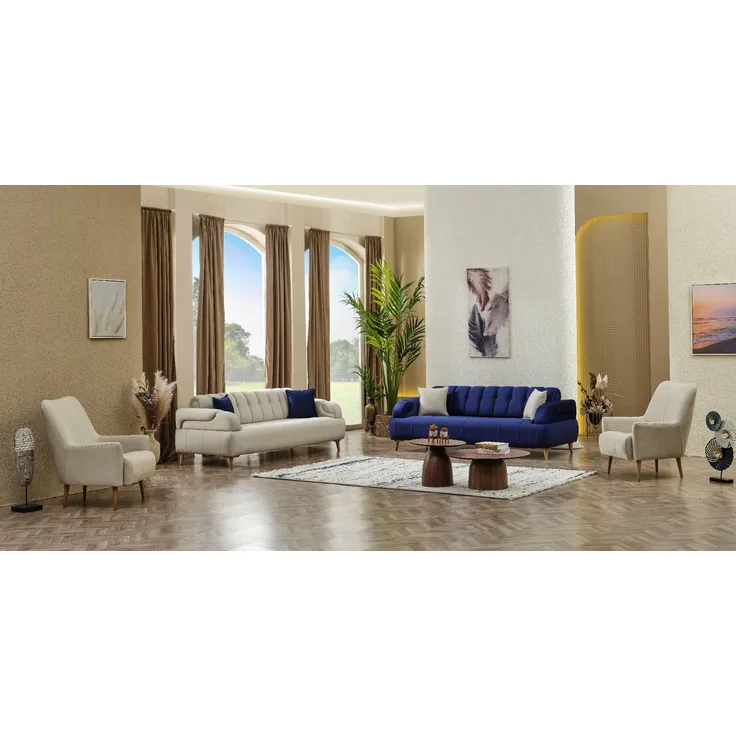 Sitzgruppe/Sofa Set - Wohnzimmergarnitur "Aluna" 3+3+1+1-Beige/Blau