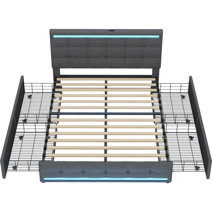 Polsterbett 140x200 cm LED Beleuchtung mit USB & Stauraum, modernes Doppelbett mit Leinenstoff Grau – Bild 10