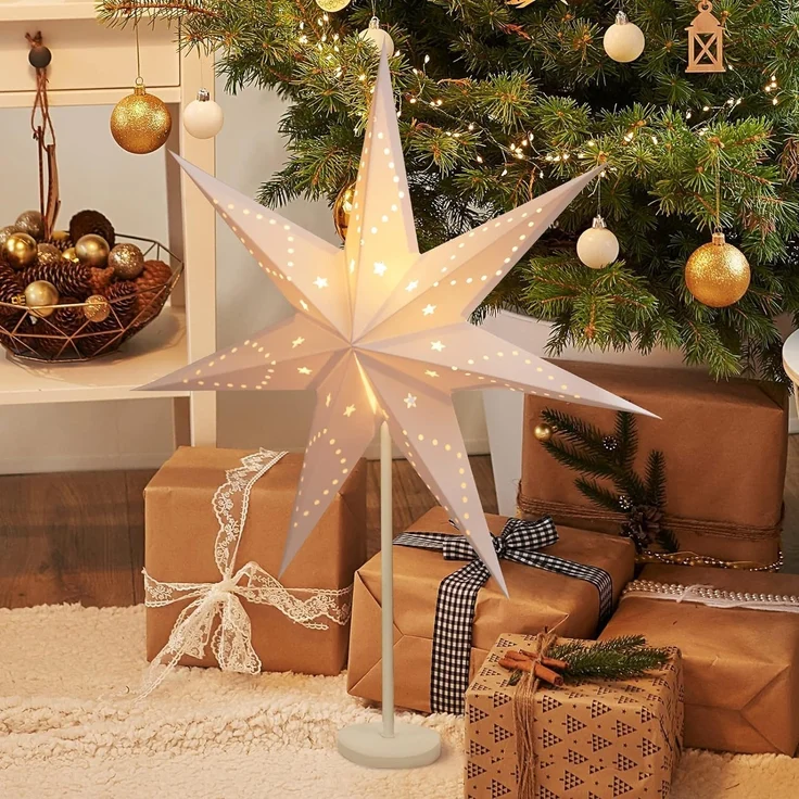 SALCAR LED Weihnachtsstern Beleuchtet Fenster 55cm, Papierstern Weihnachten mit E14 Lampe, 3D Leuchtstern Stehend Adventsstern mit Eisensockel Fuß, Weiß – Bild 1
