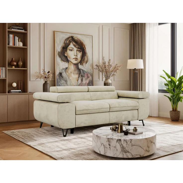 2-Sitzer Polstercouch PETER mit verstellbaren Armlehnen und Kopfstütze, Gepolsterte Couch, Wellenfeder - Beige Velvet – Bild 1