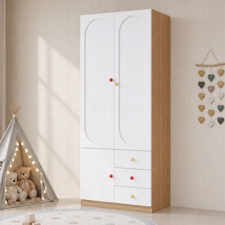 Kinder-Garderobenschrank 80 x 50 x 200 cm aus MDF, weiß lackiert, mit 3 Schubladen – Bild 3