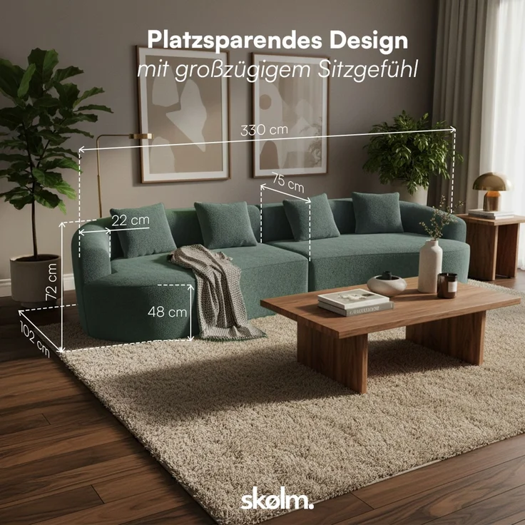 skølm 'Loki' Sofa 4 Sitzer, Vollschaumcouch mit Federkern und Vakuum-Kompression, kein Aufbau erforderlich, mit 4 Kissen, Teddy-Bouclé Stoff dunkelgrün – Bild 7
