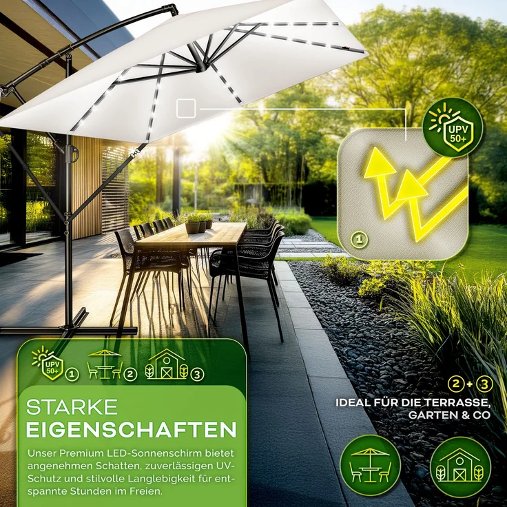 tillvex® Alu Sonnenschirm Rechteckig Ø 330 cm mit LED Solar Beige + Abdeckung mit Kurbel | Ampelschirm mit Ständer & Windschutz | Gartenschirm UV-Schutz, wasserdicht, 360° drehbar | Kurbelschirm Marktschirm – Bild 3