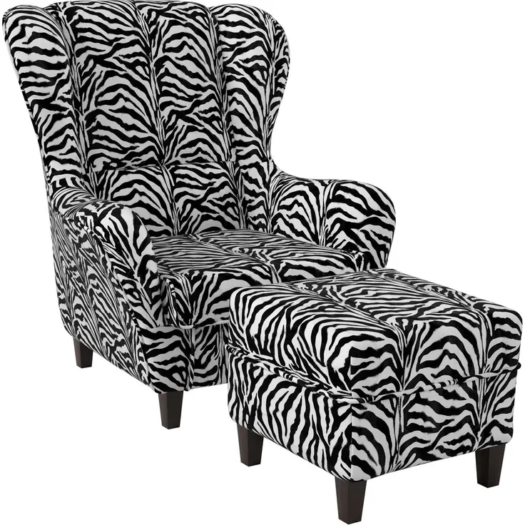 Supellex Sofia Ohrensessel mit Hocker | Design Tierfellimitat Zebra