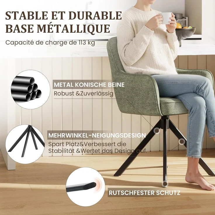COLAMY Drehbare Esszimmerstühle 6er Set mit Armlehnen, Drehbare Polsterstühle für Küche & Esszimmer aus weichem Florstoff mit Metallgestell und Rückenlehne, für Esszimmer, Küche, Büro,Grün – Bild 9