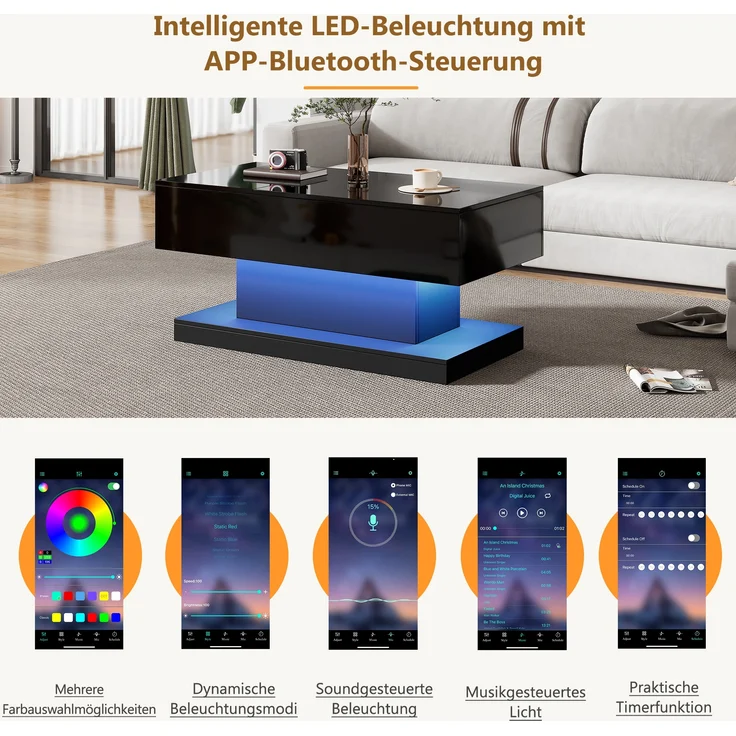 Couchtisch, mit hydraulischem Höhenverstell-System, Stauraum & LED-Beleuchtung, 100x50x45 cm, Schwarz – Bild 9