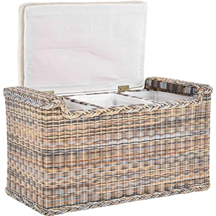 Krines Home Sitztruhe Rattan Wäschetruhe Sitzbank mit Stauraum Wäschesortierer 3 Fächer, mit Deckel – Bild 5