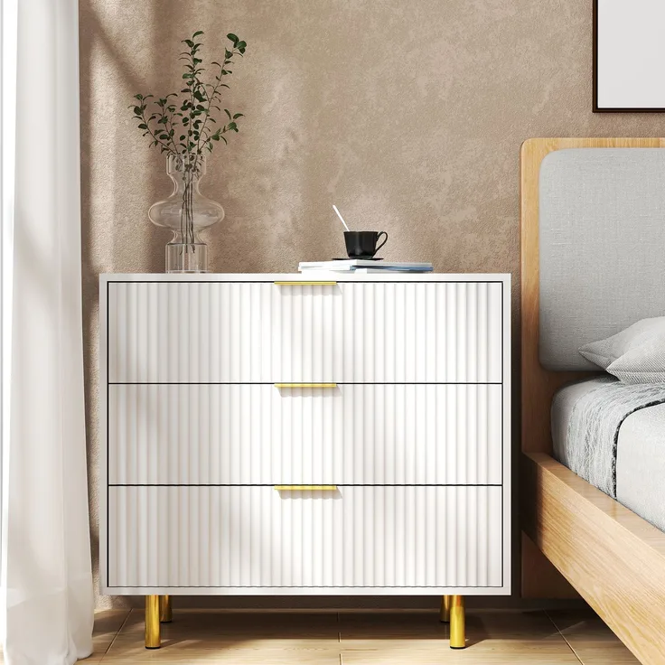 Flieks Kommode 3 Schubladen, Sideboard weiß gold, geriffelte Front modern, H72×B80×T40 cm, Aufbewahrungsschrank, MDF
