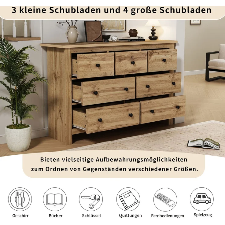 DESVIAE Sideboard mit 7 Schubladen, 152x89x40 cm, aus Spanplatte, Holzfarbe – Bild 4