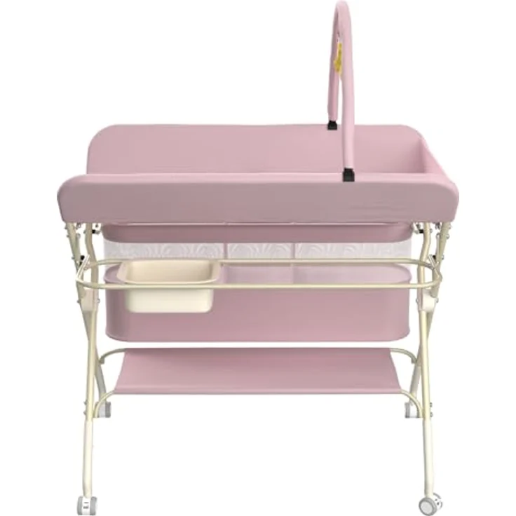 Wickelstation für Baby, Wickeltisch, faltbar, tragbar, Wickeltisch, faltbar, tragbar, mit Aufbewahrungskorb, maximale Belastung von 25 kg,75 x 68 x 83–91 cm (Schwarz) Rosa – Bild 10