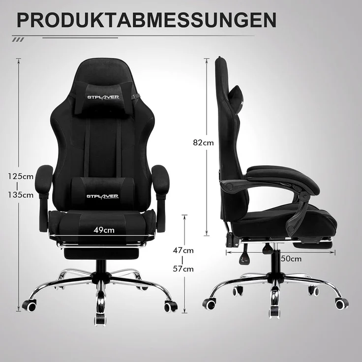 GTPLAYER Gaming Stuhl Stoff, Bürostuhl Massage Gaming Sessel Ergonomischer Gamer Stuhl mit Fußstütze, Kopfstütze Massage-Lendenkissen, Gepolstert Gaming Chair, Drehsessel, weiß – Bild 8