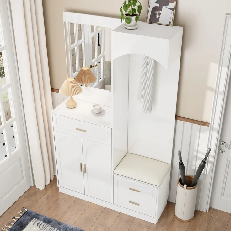 Moderne, Kompaktgarderoben,Garderobenschrank und Schuhschrankkombination, Eingangsschrank, multifunktionales Lagerregal mit Spiegel--Weiß--110x33x185.5cm--YOUDENOVA – Bild 7