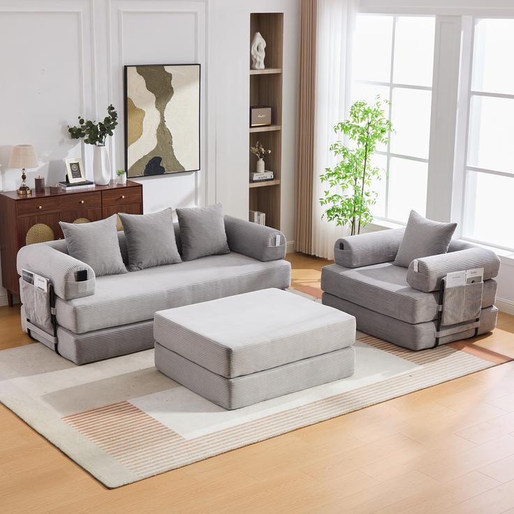 Sofa-Set modular mit flexibler Sitzfläche, 3-Sitzer, Sessel & Hocker 200x190x67 cm, Cord Hellgrau – Bild 2