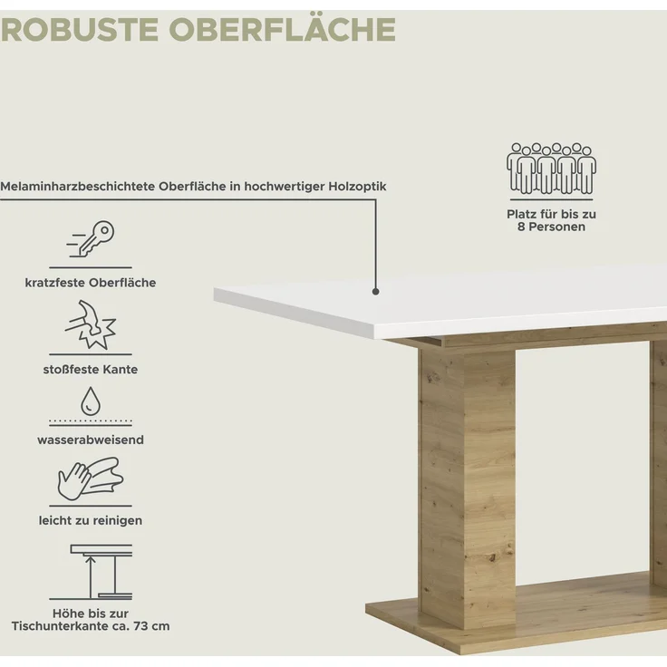 Ausziehbarer Esstisch (B/H/T): 150-190x76x80 in Artisan Nachbildung und weiß Nachbildung mit Doppelsäulen-Fußgestell – Bild 8