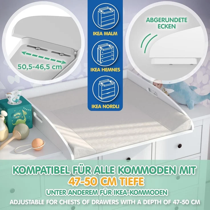 CADANI Wickelaufsatz ILA – Verstellbarer Universal Wickeltisch-Aufsatz kompatibel mit IKEA Kommoden Malm, Hemnes, Nordli – 77×76×12 cm, Weiß mit Kippschutz & Sicherer Befestigung für Wickelkommoden – Bild 2