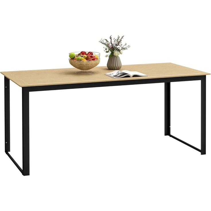 Outsunny Gartentisch mit Holzoptik, Lamellendesign, für 6 Personen (Buffettisch aus Metall, 1-St, wetterfest Balkontisch), 175x78 cm, für Garten, Terrasse Balkon Schwarz – Bild 1