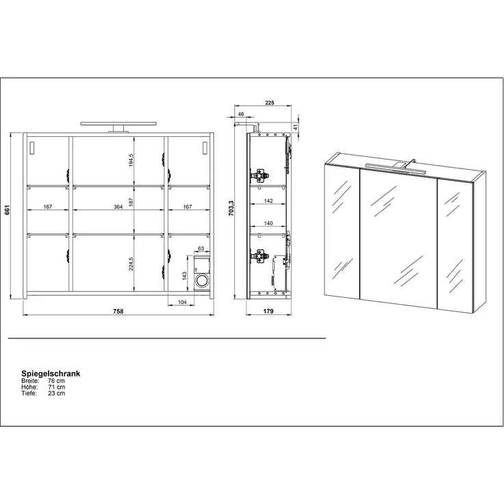 Spiegelschrank vito Mayor, Glas, Holzwerkstoff, Schwarz, Verspiegelt, 76 x 71 x 23 cm – Bild 7