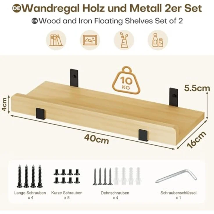 Yorbay Wandregal Set 2-tlg Wandregal-Set 40cm, Rechteckiges Design Regalbrett, Wandablage für Bad, Küche & Wohnzimmer – Bild 3