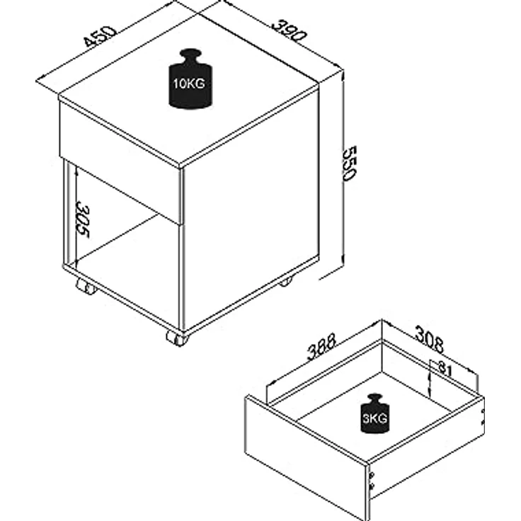 MID.YOU Rollcontainer Anthrazit, Honigeiche, 1 Schublade, erweiterbar, 39x55x45 cm, griffloses Öffnen – Bild 5