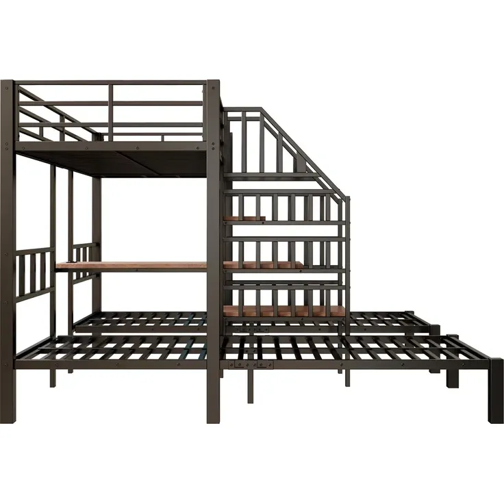 Etagenbett mit 3 Liegeflächen, Lattenrost, Rausfallschutz, Nachttisch, Treppe, Steckdose, USB, LED, 90x200cm, Kinderbett, Metallbett – Bild 10