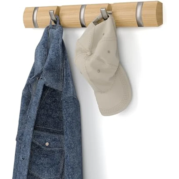 Umbra Flip 5 Garderobenhaken – Moderne, Schlichte und Platzsparende Garderobenleiste mit 5 Beweglichen Haken für Jacken, Mäntel, Schals, Handtaschen und Mehr, Natur – Bild 2