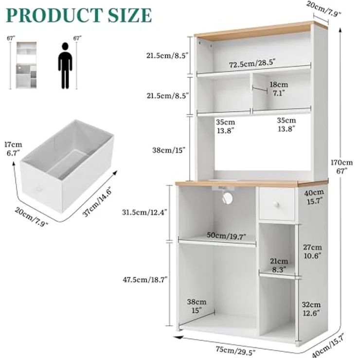 YITAHOME küchenregal mit Steckdose, 2 AC-Steckdosen, 2 USB-Anschlüssen, kaffeebar arbeitsplatte, Regal küche mit schubladen,schmales Regal 75 cm breit, Mikrowellenregal, 75 x 40 x 170 cm, Eiche und Weiß – Bild 3