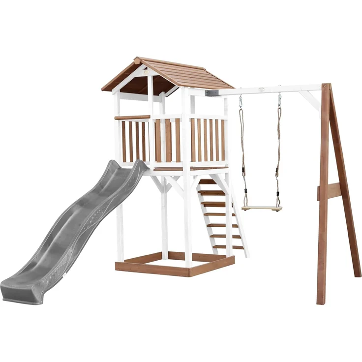 AXI Beach Tower Spielturm aus Holz in Braun & Weiß Spielhaus für Kinder mit grauer Rutsche, Schaukel und Sandkasten | Braun, weiß, grau | Holz | 349 cm
