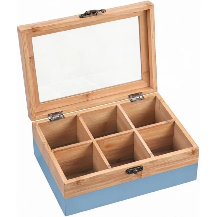 NEUSTANLO | Tee Box mit Sichtfenster | 6 Fächer Teebox aus FSC Bambus | Aufbewahrungsbox 21,5x15x8,5 cm | Teebeutel Organizer mit Retro Verschluss | Blau Natur – Bild 1