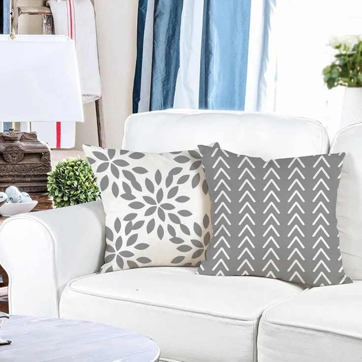 Kissenbezüge 45 × 45 cm 4er-Set Grau Geometrisch, Outdoor Leinen, Couch Bett Auto Dekokissen – Bild 3